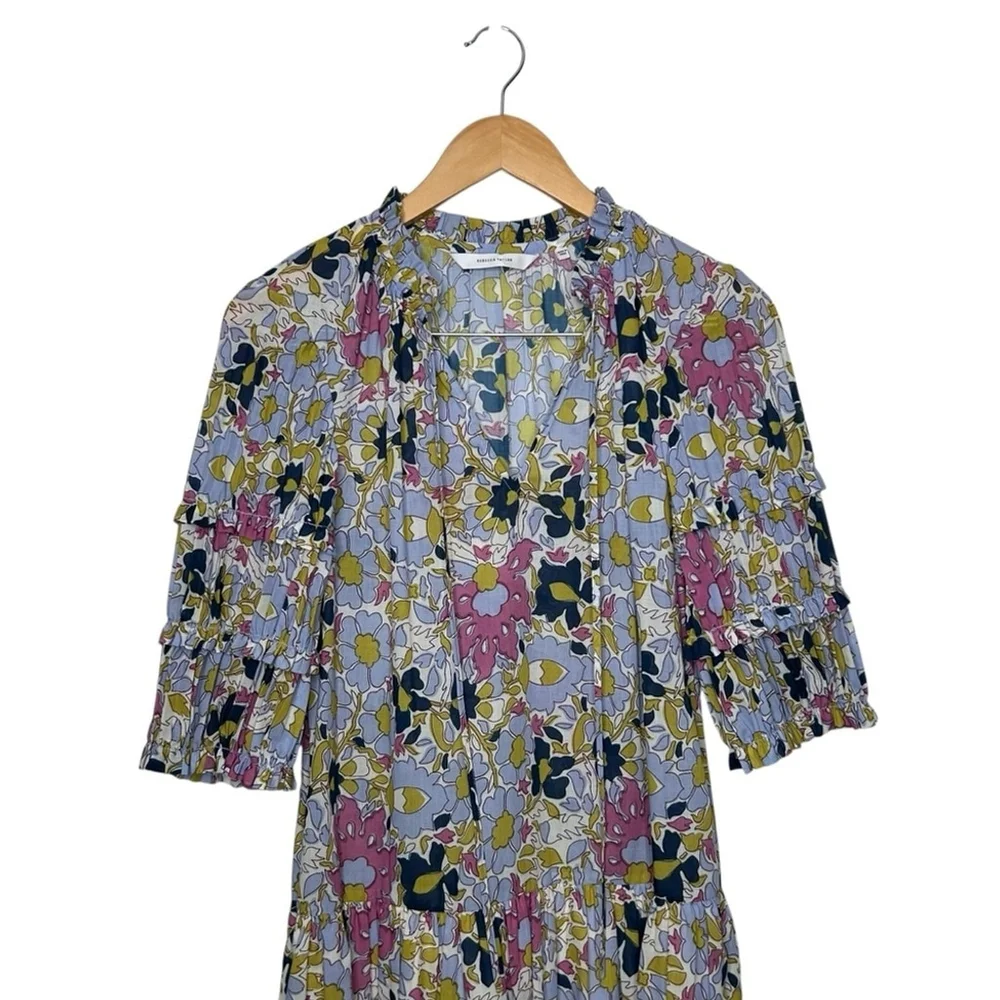 Rebecca Taylor Passion Flower Pleated Puff Sleeve Midi Dress Women's Small